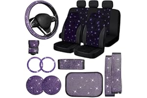 Jusen 17 Pack Bling Car Seat Covers Set Car Diamond Accessories Rhinestone Crystal Steering Wheel Cover, Bling Velvet Breathable (Purple, All Part Bling)