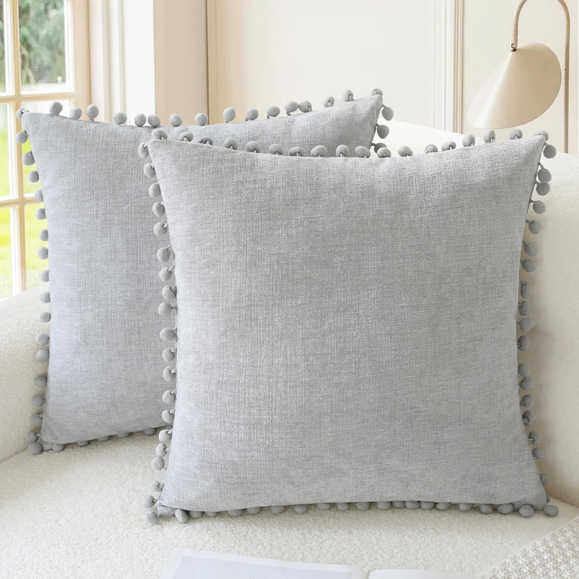 CaliTime Pillow Cases Pack of 2 Cozy Solid Dyed Soft Chenille Cushion Covers with Pom Poms for Couch Sofa Home Decoration 45cm x 45cm Moonbeam Gray