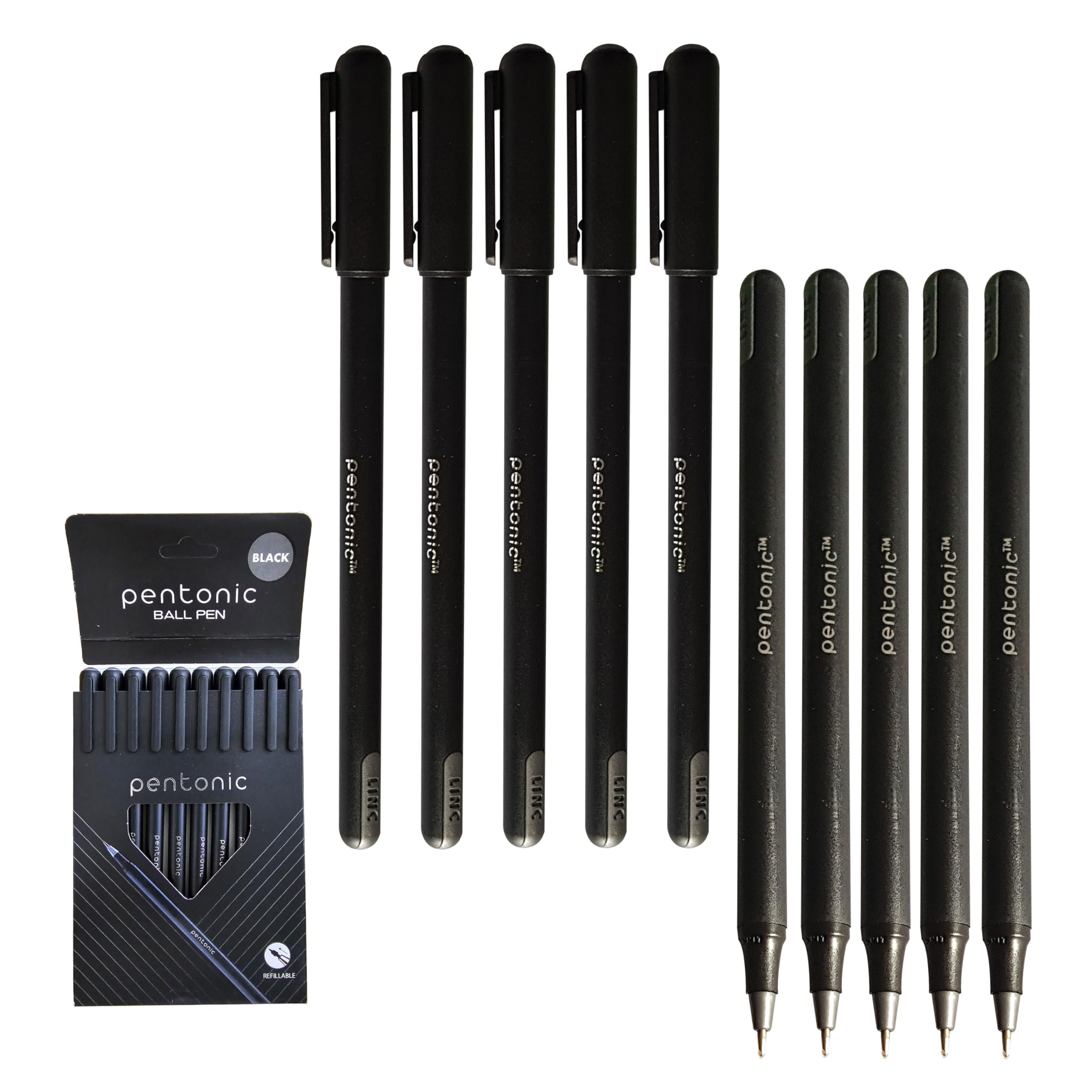 Pentonic Ballpoint Pens, BLACK, Fine Point (0.7mm), Pack of 10, Comfort Ball Pens, Ideal for School Office Home Everyday Pens, iZOFAX Black Ball Pen