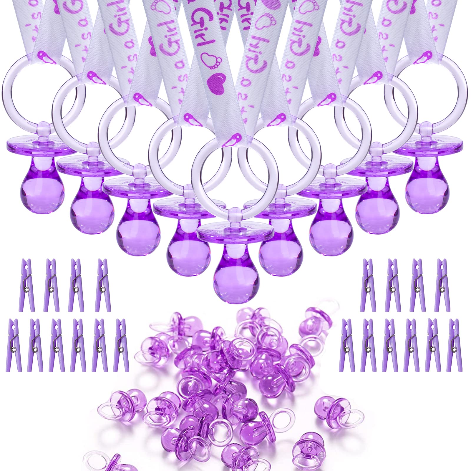 144 Pieces Baby Shower Decorations Sets, 48 Baby Shower Pacifiers Necklace, 48 Mini Acrylic Pacifiers Charm and 48 Clothes Pins Plastic Clothespins for Party Favors Supplies(Purple)