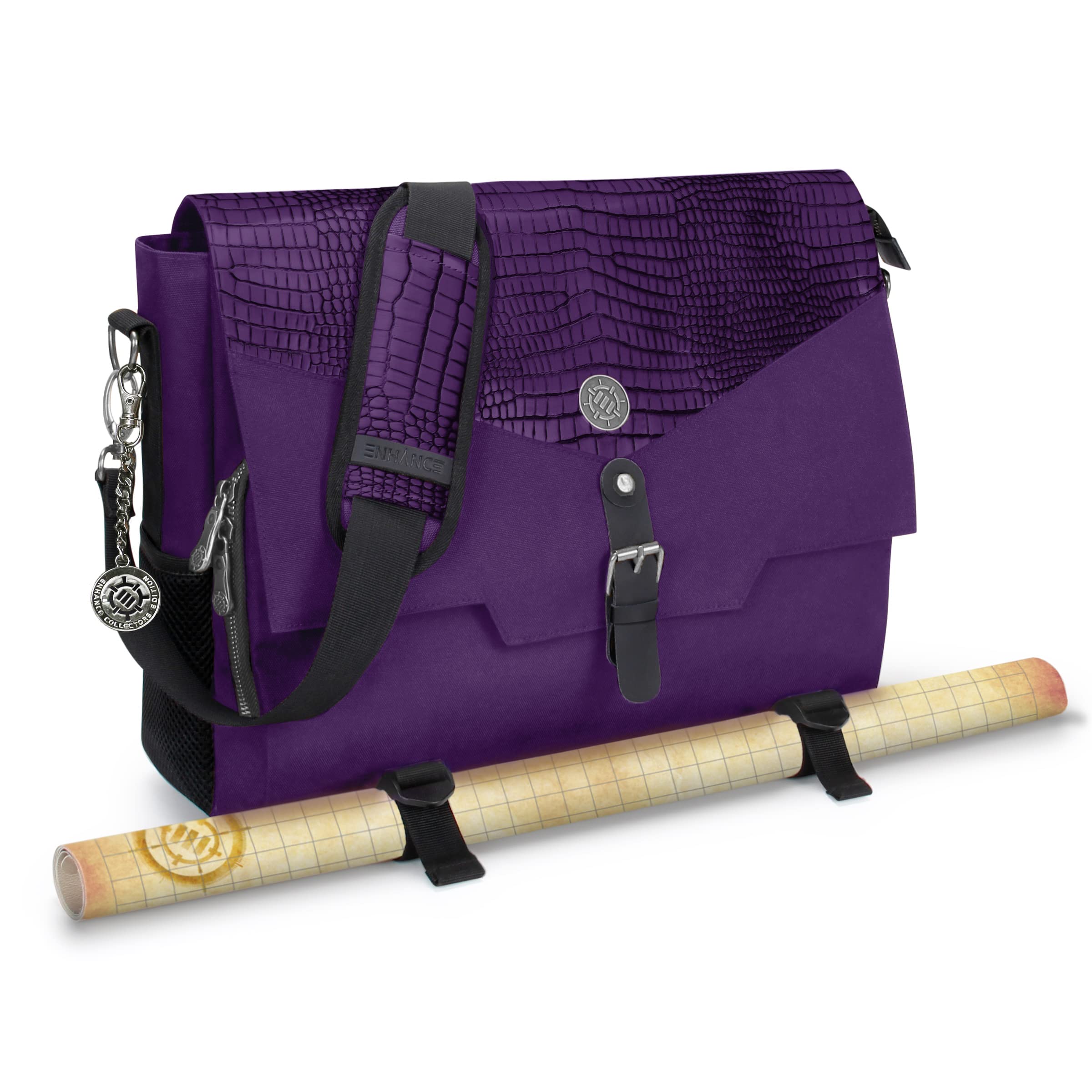ENHANCE Collector's Edition RPG Player's Essentials DnD Bag - Dragon Hide Exterior Messenger Bag Fits 2-4 Books, Binders, Dice & Accessories, with 17 inch Laptop Slot, Battlemap Straps (Dragon Purple)