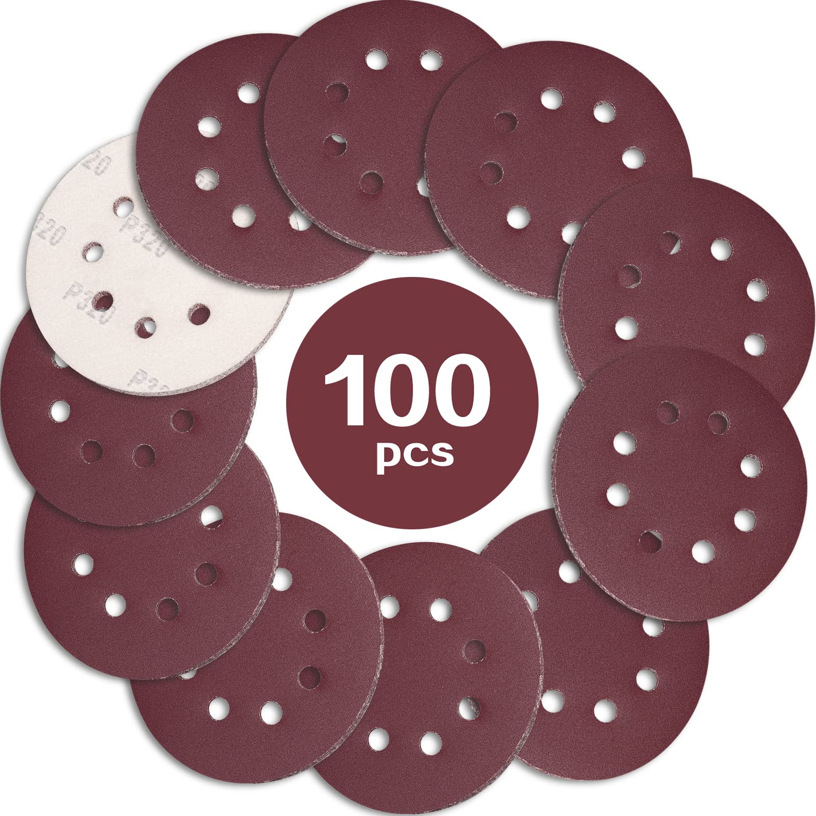 STEBRUAM 100PCS 125mm Sanding Discs 320 Grit, 5 Inch 8 Hole Hook and Loop Sanding Pads for Random Orbital Sander