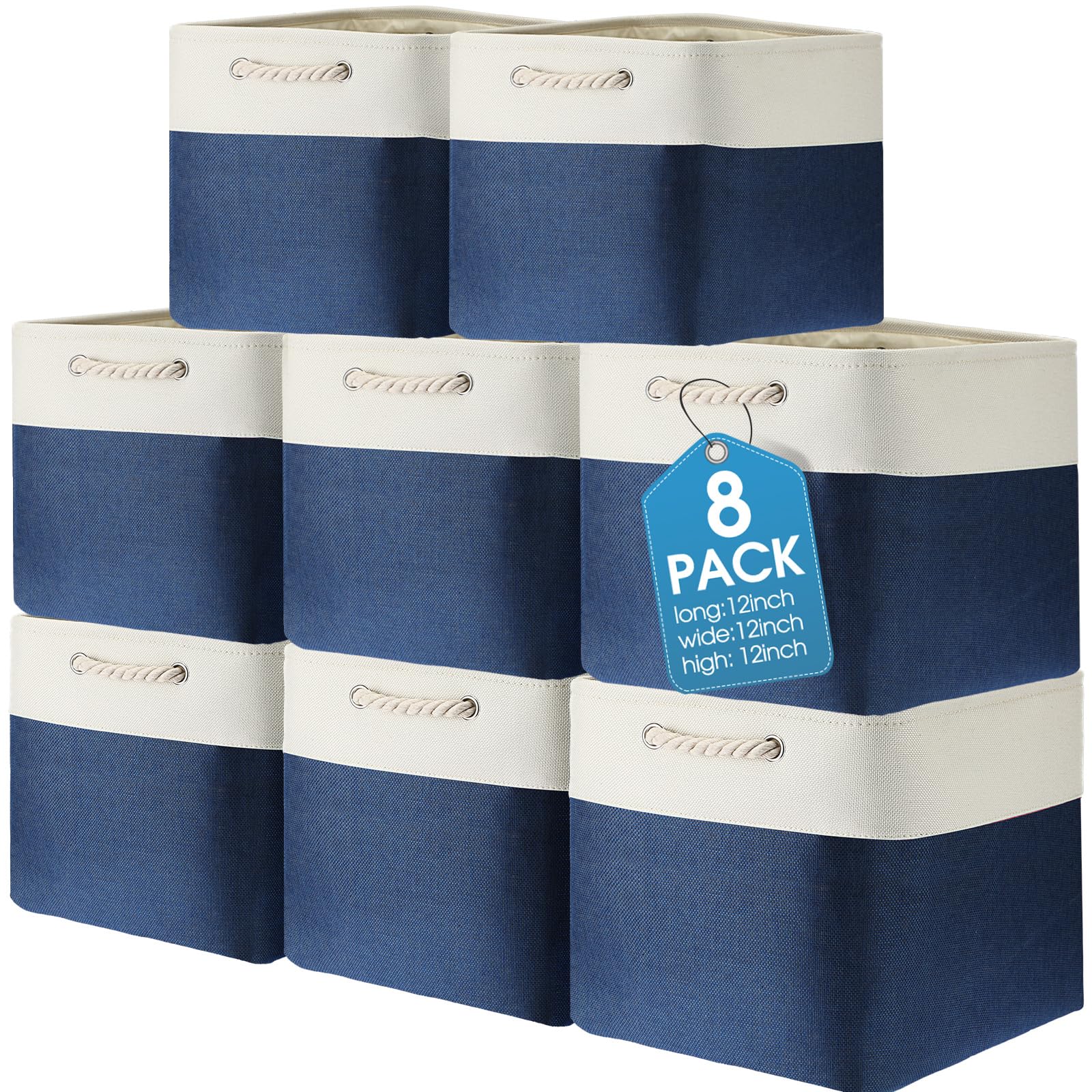Photo 1 of meekoo 8 Pack Collapsible Storage Bins Fabric Storage Bins Polyester Fabric Baskets with Handles Linen Closet Organizer for Shelf Home Closet Towels Toys(12 x 12 x 12 in,Blue White)