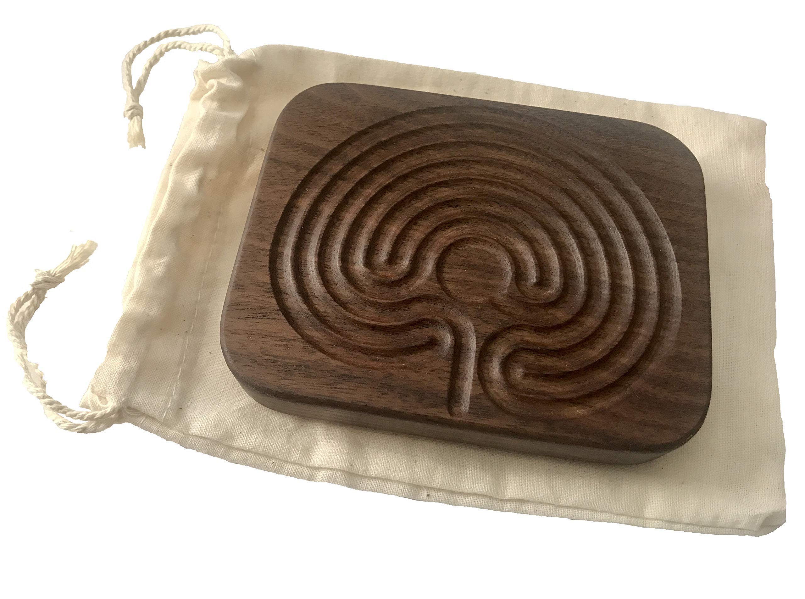 Small Handheld Finger Labyrinth for Mindfulness, Meditation and Stress Relaxation, Classical Cretan Style, Handcrafted in USA by Wooden Contraptions (walnut)