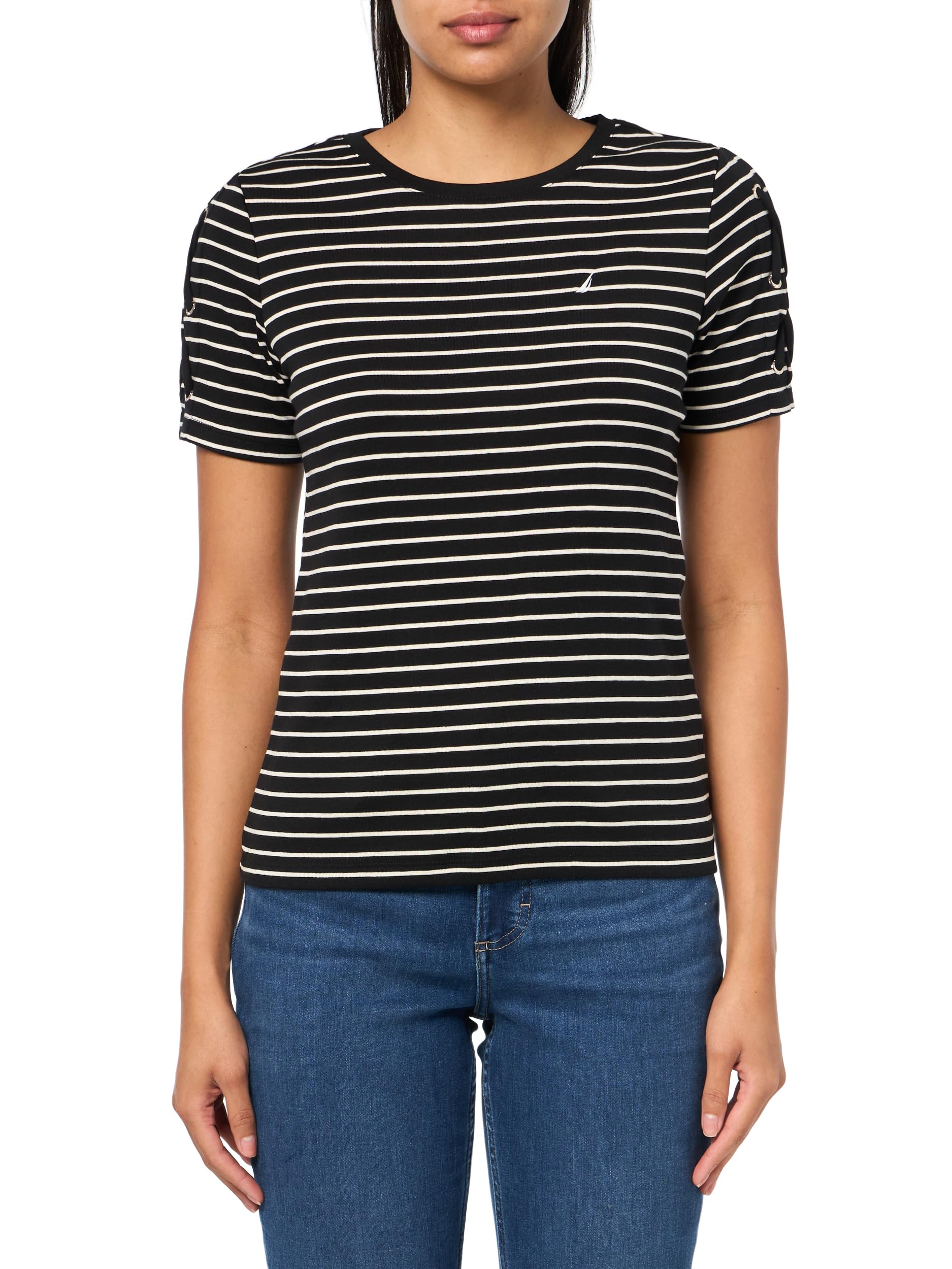 Nautica Women’s T-Shirt Cotton Crewneck with Laceup Sleeve Detail, Black/White Swan