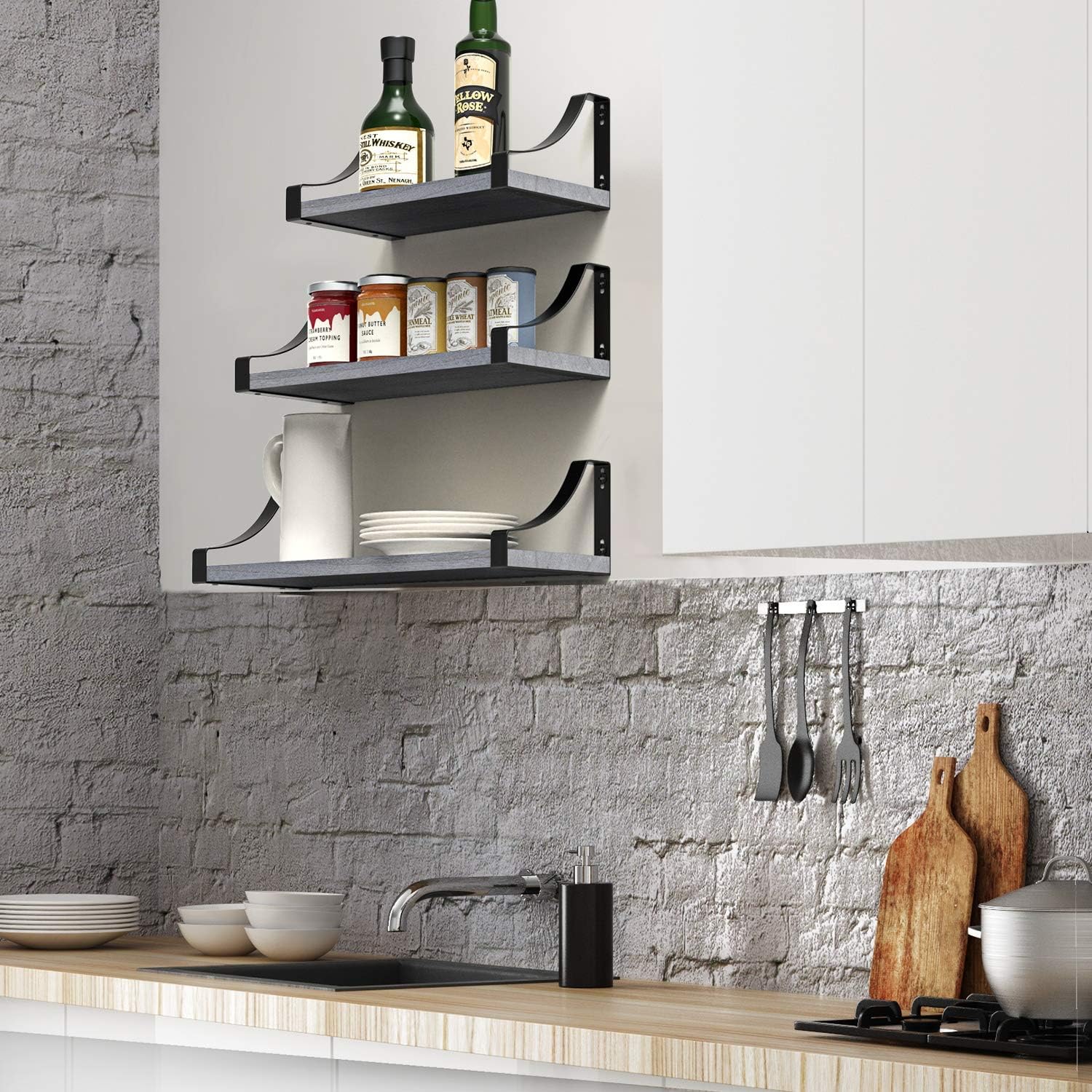 Amada Floating Shelves Wall Mounted, Rustic Paulownia Wood Wall Shelves Set of 3 for Bedroom, Bathroom, Living Room, Farmhouse Kitchen, Gray: Furniture & Decor