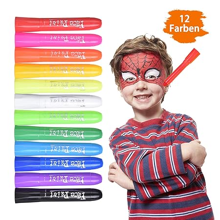 12er Kinderschminke set - Aqua, Theaterschminke, Karnevalsschminke, Wasserlösliche, Drehbaren Stifthalterungen, 3 in 1, Schmi
