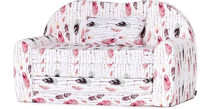Ladeheid Kindersofa Kindercouch Bettfunktion LATE1004 (Rosa/Blätter, 170 x 100 x 60 cm)