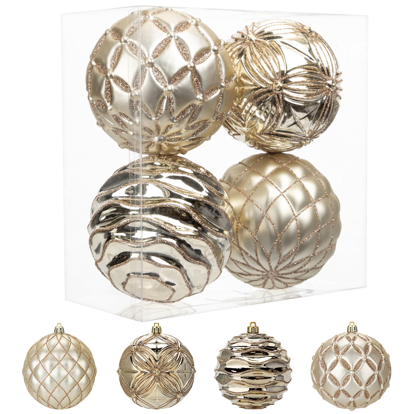 Oairse 4"/10cm Large Christmas Baubles Ornaments 4 Pcs Shatterproof Big Glitter Champagne Christmas Tree Ornaments for Holiday Halloween Wedding Party Xmas Tree Decorations โ image 1