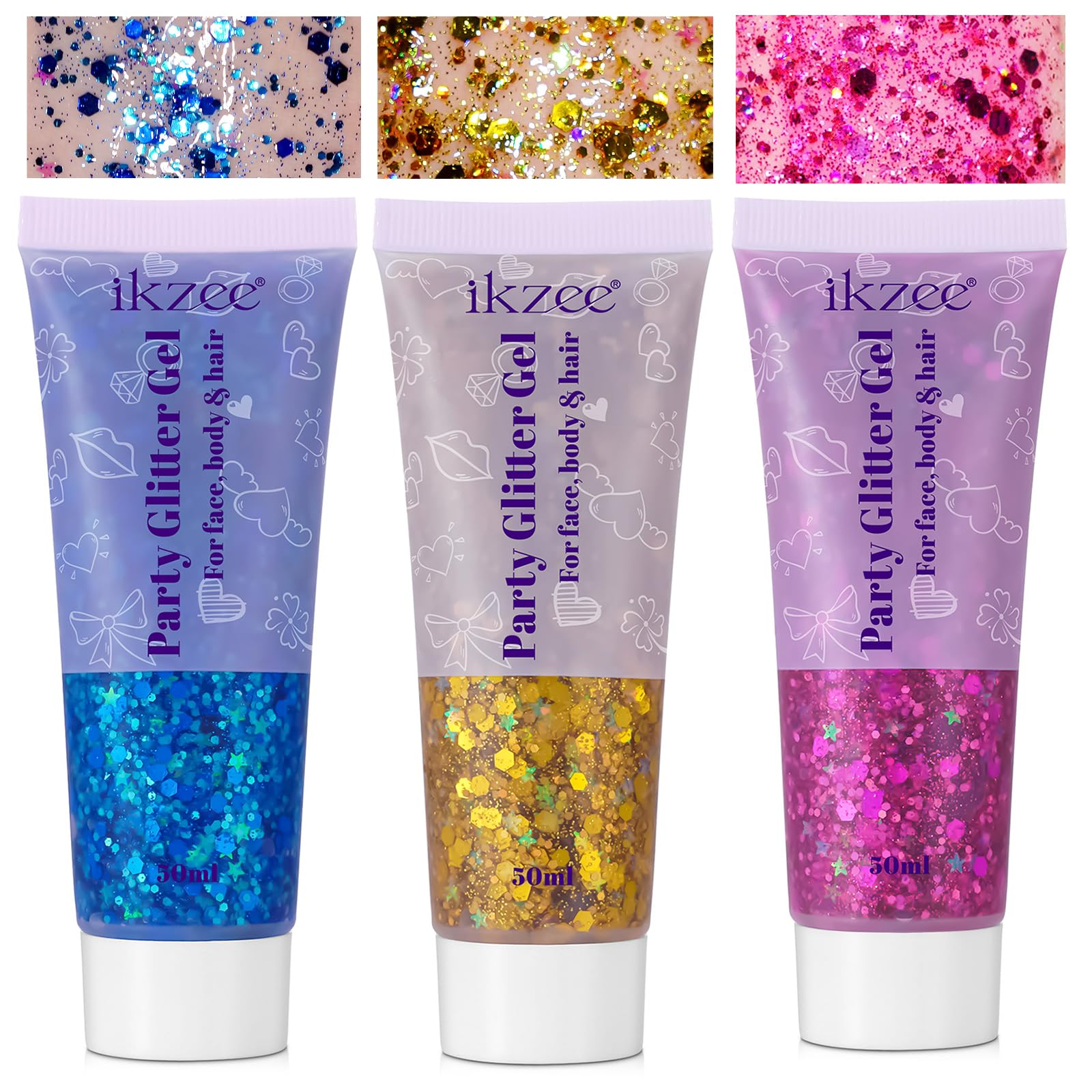 Body Glitter Gel 3PCS, 50ml Blue Gold Red Face Hair Glitter Gel Sequins Shimmer Liquid Eyeshadow, Liquid Holographic Glitter Gel, Chunky Glitter for Music Festival, Parties, Performances, Stages — image 1