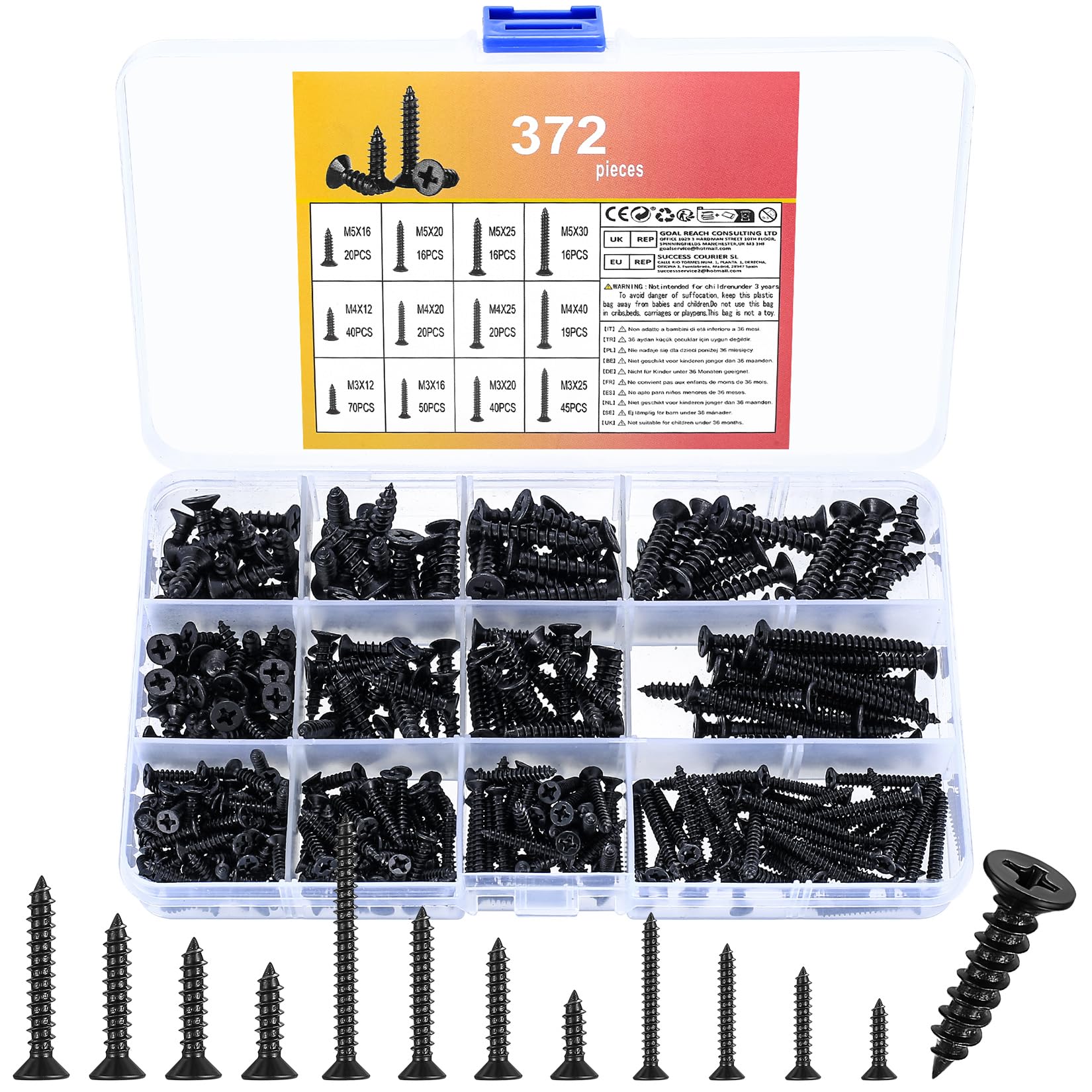 372 Pcs Black Wood Screws, Cross Head Self Tapping Countersunk Flat Head Self-Tapping Screws for Wood Metal Plastic Dry Wall Drywall Fence Plasterboard