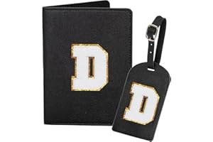 ULICO Initial Passport Cover and Luggage Tag Set,PU Leather Letter Passport Case Holder Travel Suitcase Tag, Personalized Travel Luggage Accessories Gifts for Women Kids Teenage Black D