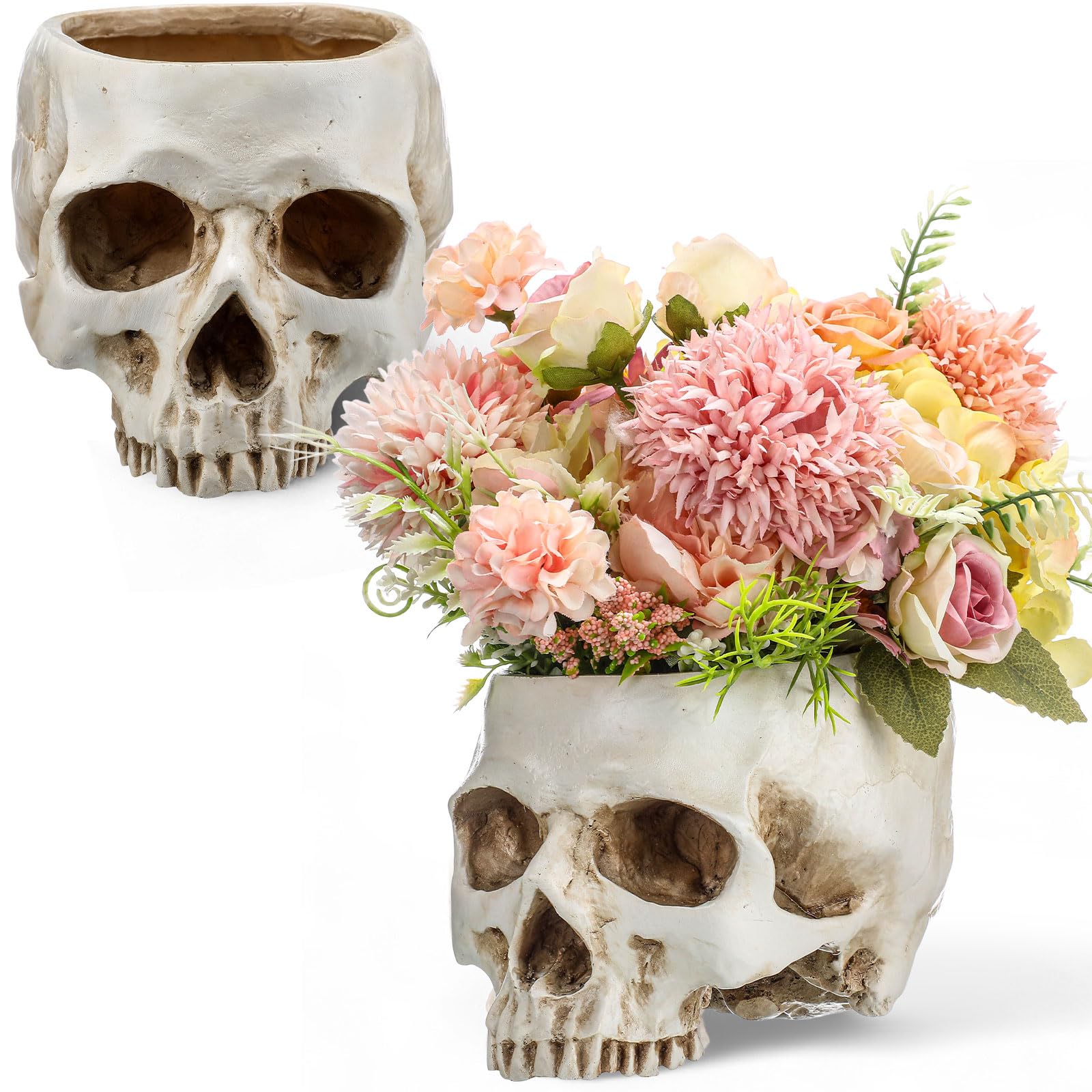 Photo 1 of Acellegic Skull Planter Resin Skull Head Flower Pot Candy Bowl Spooky Gothic Decoration for Tabletop Home Bar Office Desk Halloween(2 Pack,Antique White,Classic)