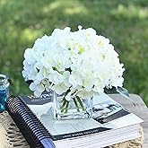 ENOVA HOME Artificial Hydrangea Silk Flowers Arrangements in Cube Glass Vase for Home Wedding