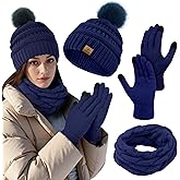 URATOT Winter Warm Knitted Sets Beanie Pompom Hat Scarves Winter Touchscreen Gloves Scarf Set for Men Women