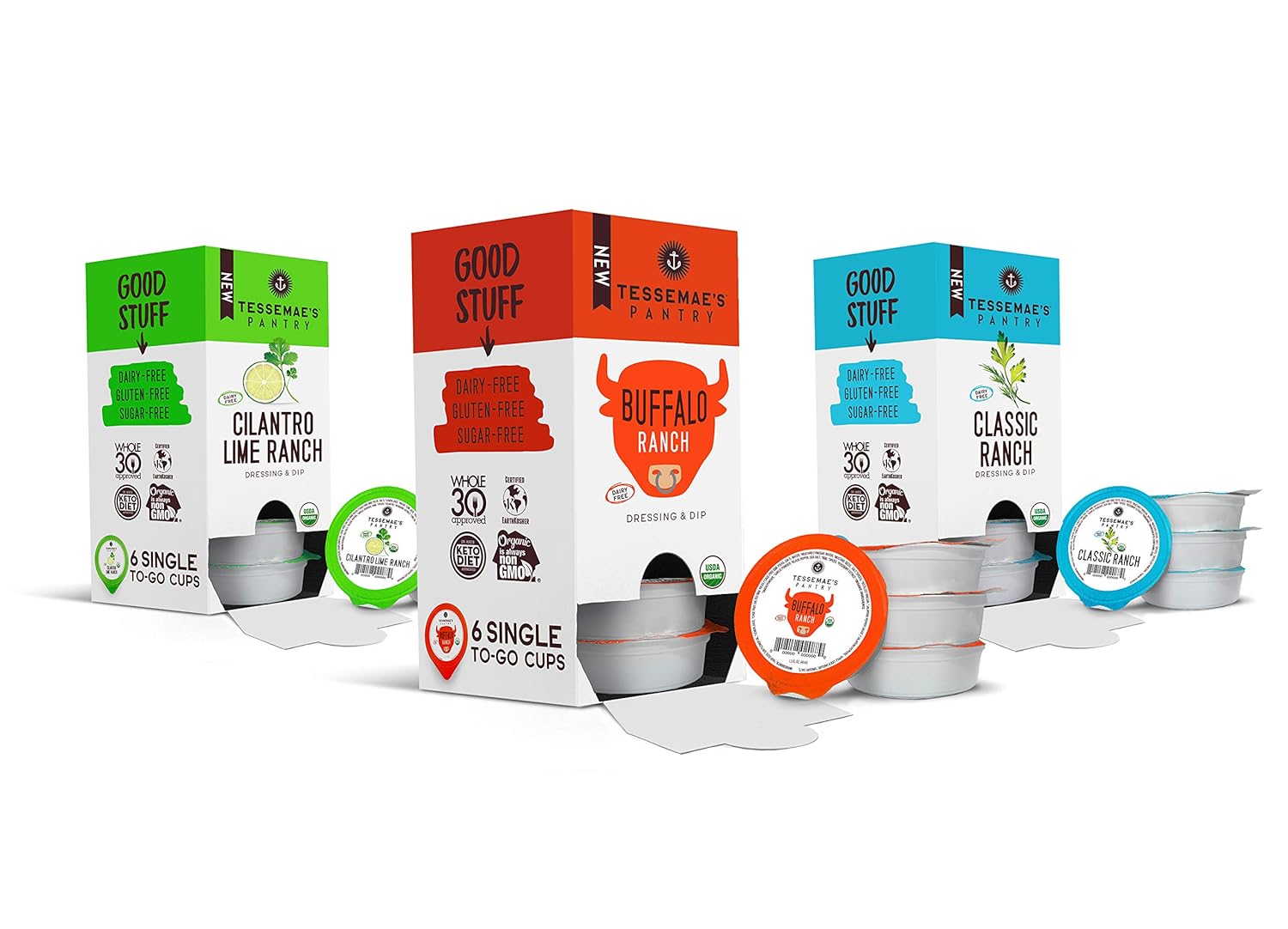 Tessemae's Organic Pantry Variety Pack - Classic Ranch, Cilantro Lime, Buffalo Ranch - 3 Packs of 6 count, 1.5 oz. To-Go-Cups