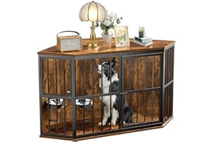 MODCART Large Dog Crate Furniture, 53” Heavy Duty Corner Dog Crate with 2 Stainless Steel Bowls, Dog Kennel Furniture Style House, Wooden Decorative Pet House End Side Table, Chew-Resistant, Rustic