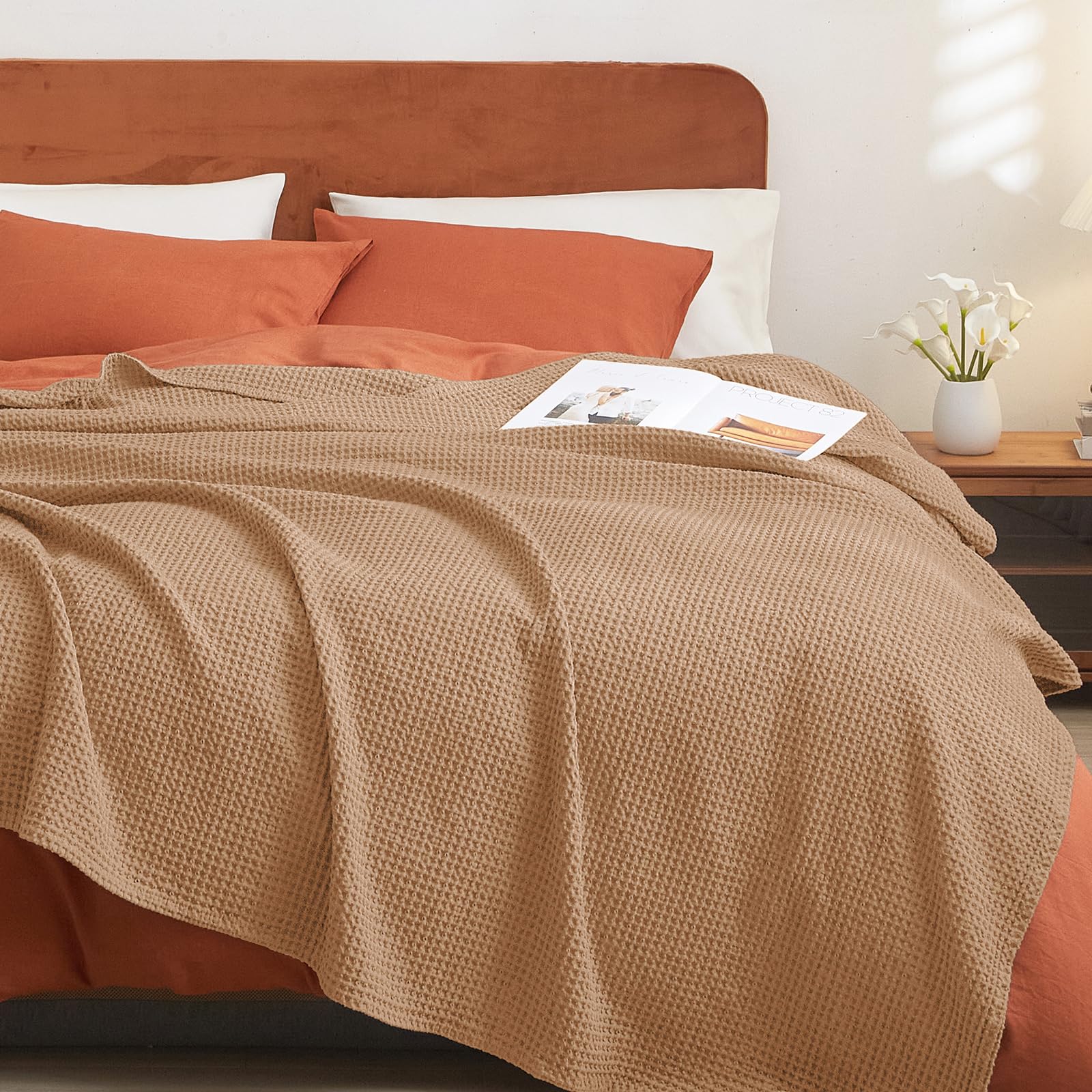 PHF Pre-Washed Cotton Waffle Weave Blanket Queen Size for Bed,Snag Proof Throw Blanket for Couch Spring Summer Lightweight Breathable,Oeko-TEX Certified,Machine Washable, Home Decor Gift,Standstone