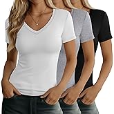 Huukeay 3 Pack Women's Deep V Neck Shirts Short Sleeve Slim Fitted Tops Basic Casual Tee Summer Going Out Tight T-Shirts