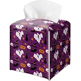 Halloween Ghost Tissue Box Cover, Black Cat Square Tissue Box Holder‑A21 | PU Leather Tissues Holders Decorative for Bathroom Living Room Bedroom, Facial Paper Organizer Holiday Halloween Table Decor