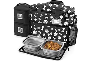 Mobile Dog Gear Week Away Dog Travel Bag (15"x7"x14", Paw Print) - Includes 2 Pet Food Storage Containers + 2 Collapsible Dog Water Bowls - Airline Approved Travel Accessories, Great for Weekend Trips