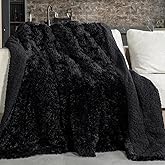 Pawque Faux Fur Throw Blankets 50x60 Inches, Soft Fuzzy Fluffy Blanket, Warm Thick Sherpa Long Hair Shag Reversible Lightweight Cozy Throw for Bedroom Sofa Couch, Black