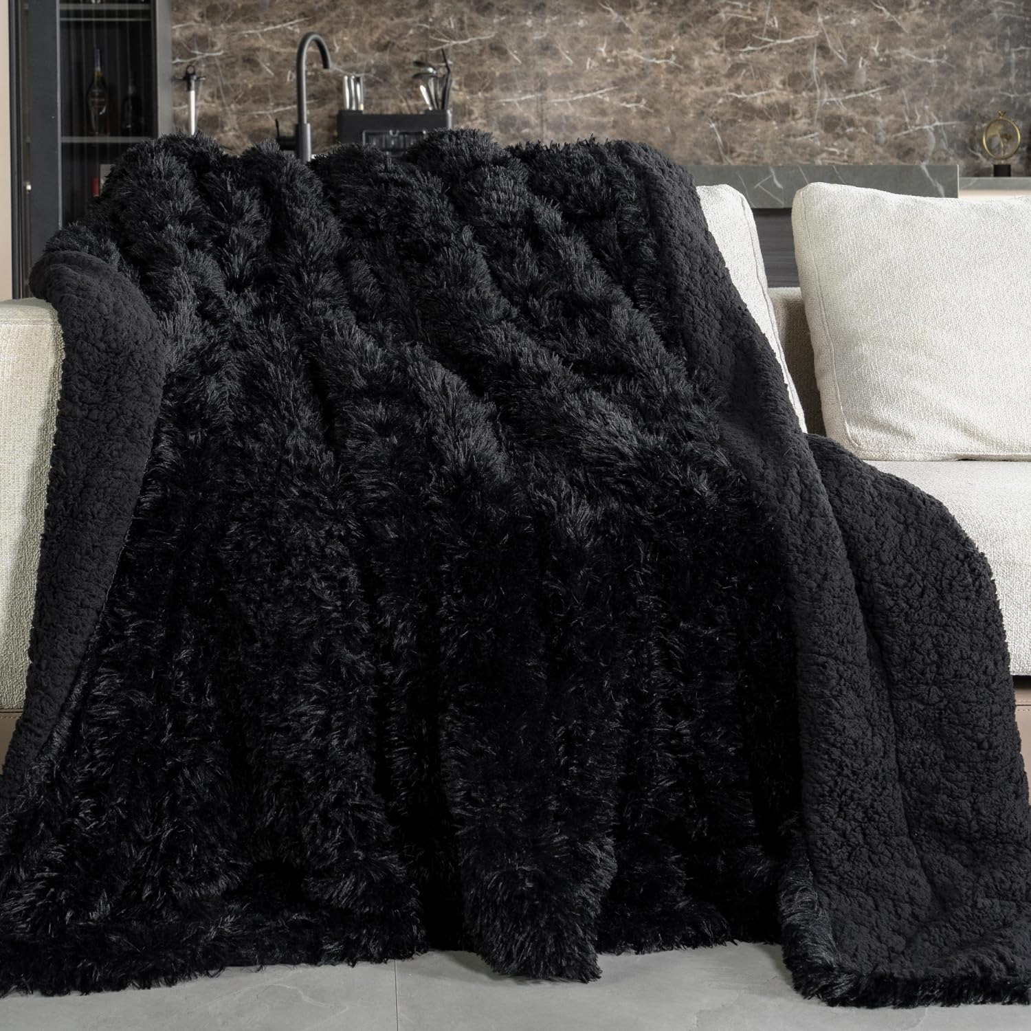 Photo 1 of Pawque Faux Fur Blankets Twin Size 60x80 Inches, Soft Fuzzy Fluffy Blanket, Warm Thick Sherpa Long Hair Shag Reversible Lightweight Cozy Throw for Bedroom Sofa Couch, Black