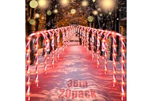 OVVNYXE 20 Pack 36" Candy Cane Lights Outdoor Pathway Real 30" Tall Candy Cane Pathway Lights 8 Flashing Modes, 62FT Christmas Decorations Outside, 30V Christmas Candy Cane Lights, LED Red Lights Snowflake