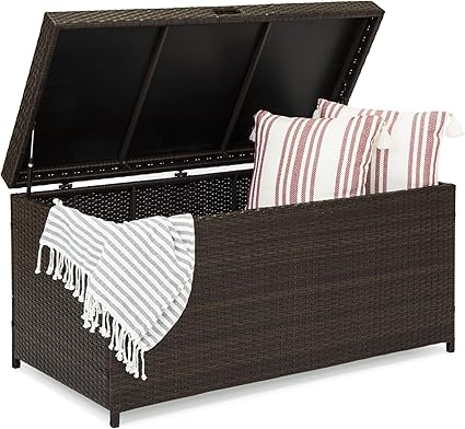 Best Choice Products Outdoor Wicker Patio Furniture Deck Storage Box W Safety Pneumatic Hinges And Deep Bed For Cushions Pillows And Pool Accessories Brown Amazon Co Uk Garden Outdoors
