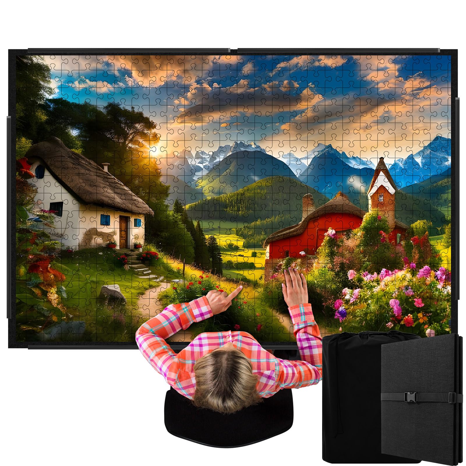 Photo 1 of ***USED*** Fanfanwin 3000 Pieces Folding Felt Jigsaw Puzzle Foldable Board Mat with Non Slip Surface Puzzle Mat 55" x 37" Extra Large Portable Jigsaw Board with Storage Bag for Adults Tray(Black)