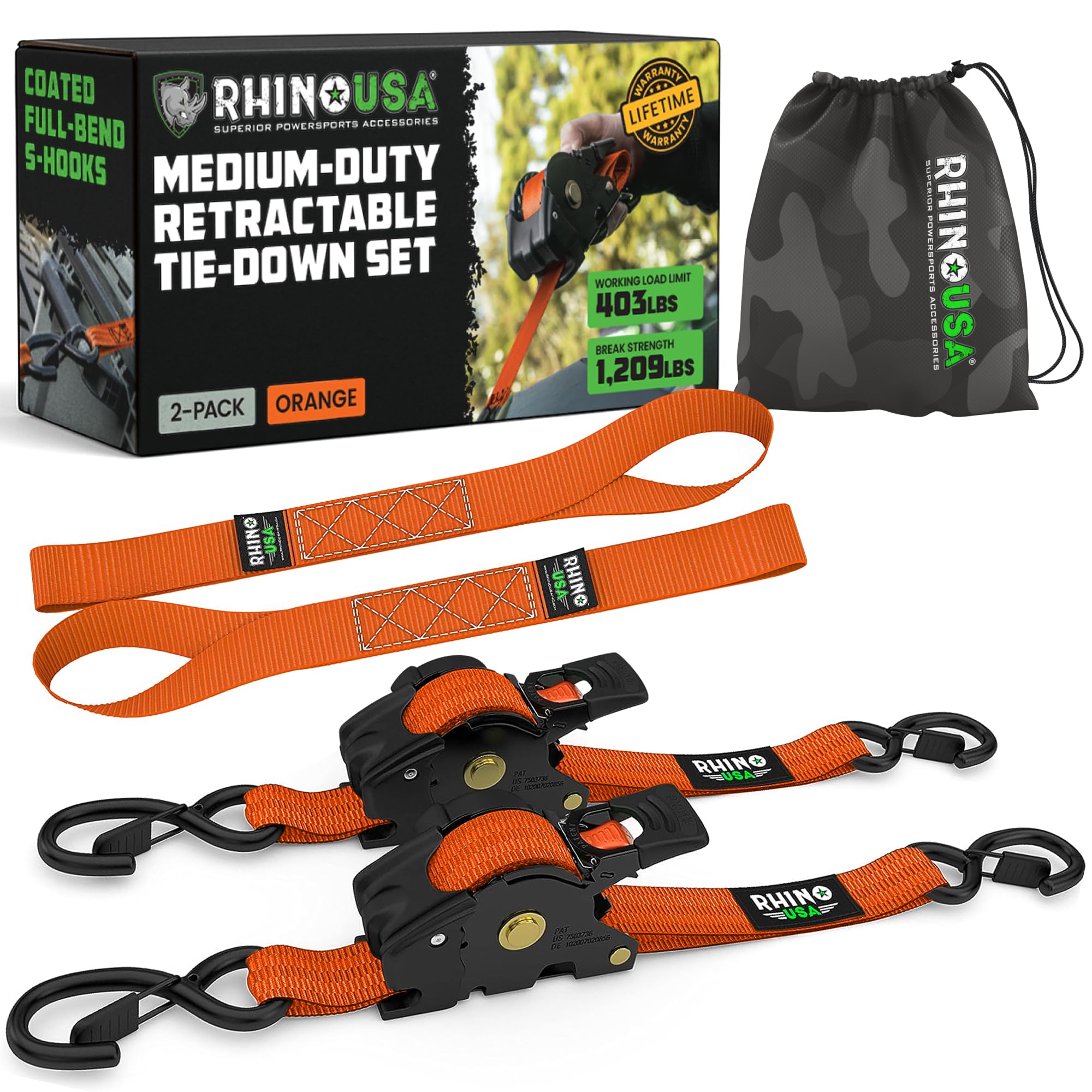 Rhino USA Retractable Ratchet Straps (2-Pack) - 1in x 10ft, 1,209lb, Orange