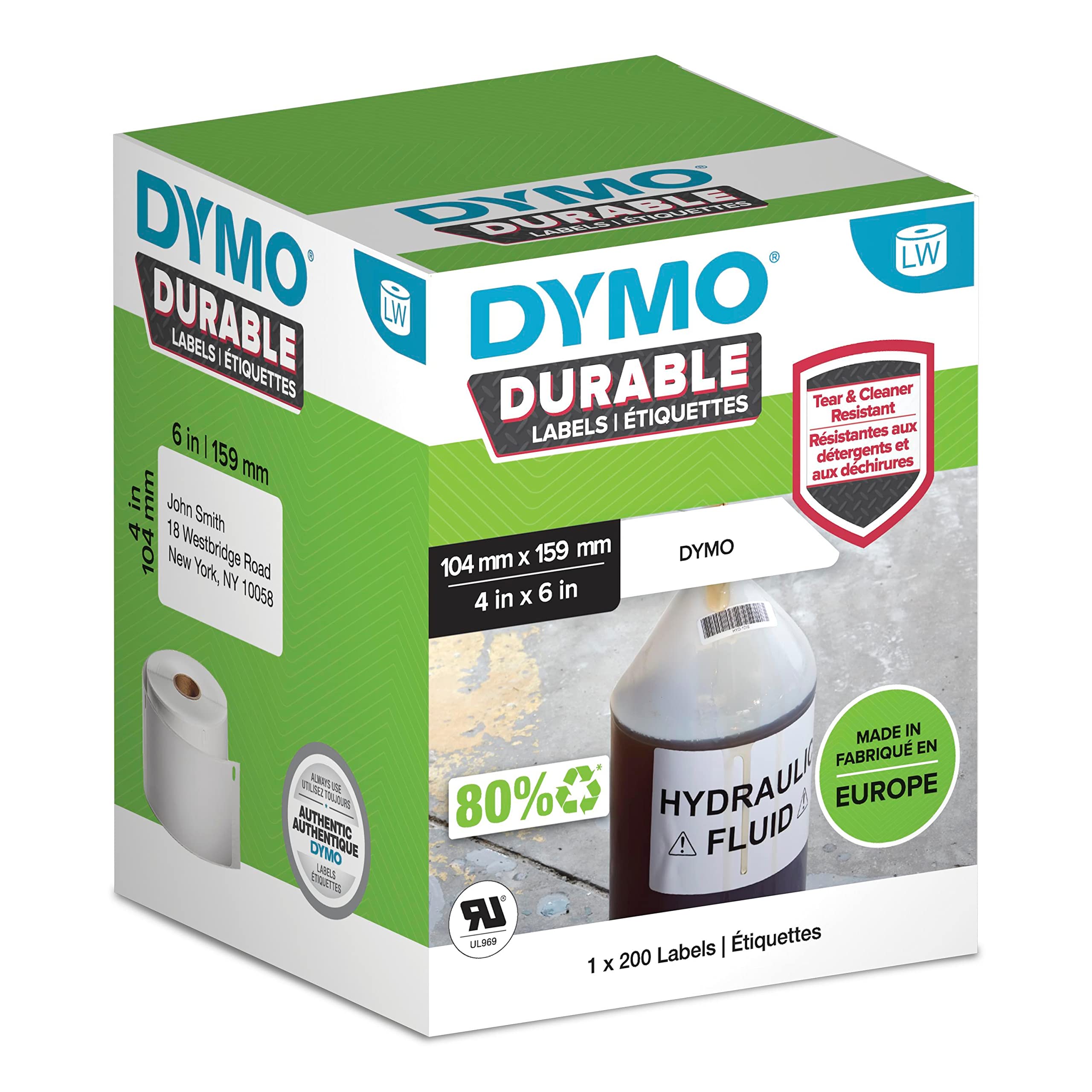DYMO Original LabelWriter Durable Labels | 104mm x 159mm | White Poly | 200 Large Self-Adhesive Labels | High-Performance | for LabelWriter Label Makers