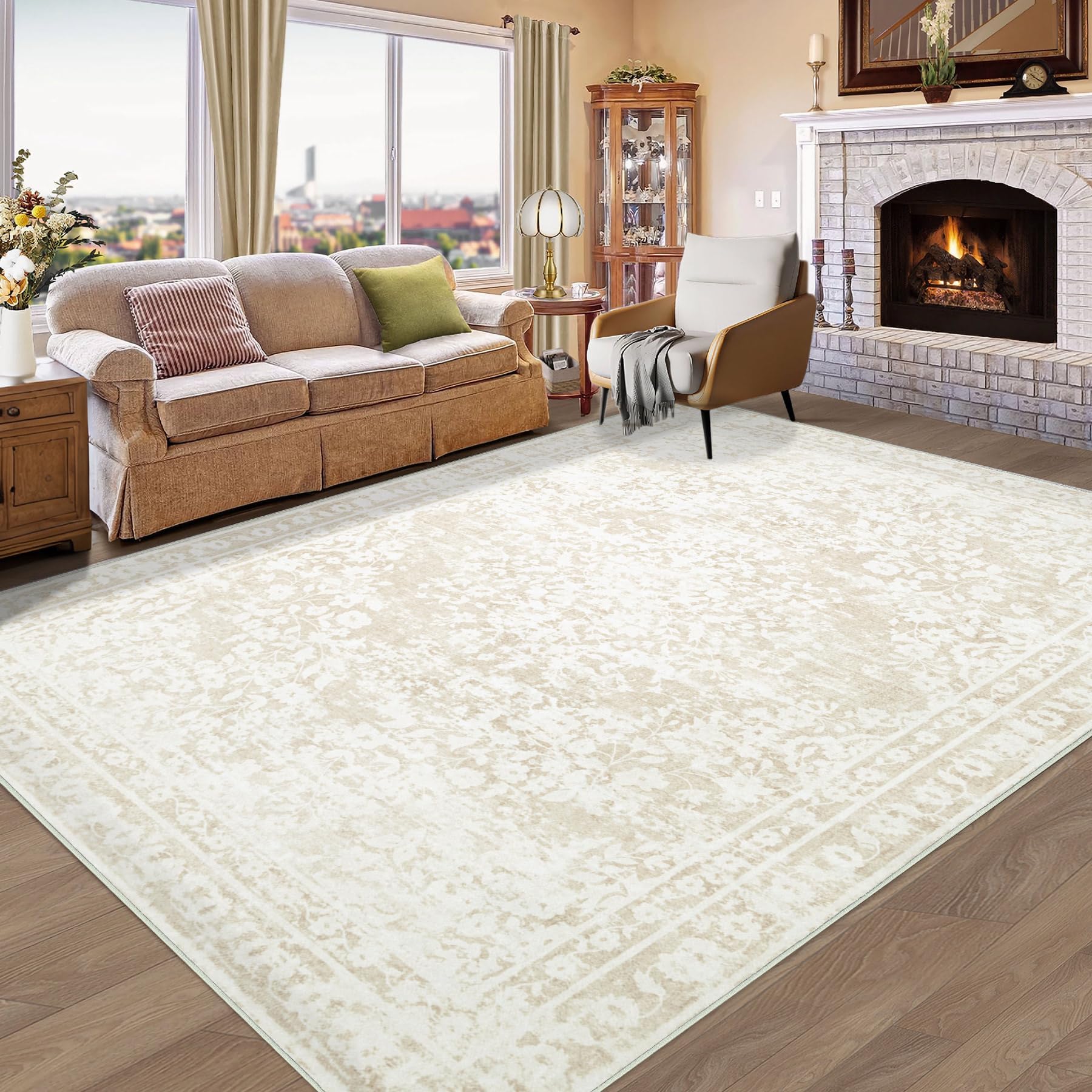 Photo 1 of Vintage Living Room Area Rug - 6x9 Large Machine Washable Boho Area Rug Distressed Floral Rugs for Bedroom, Soft Non-Slip Indoor Floor Accent Rugs for Office Dining Room (Cream Beige, 6'x9')