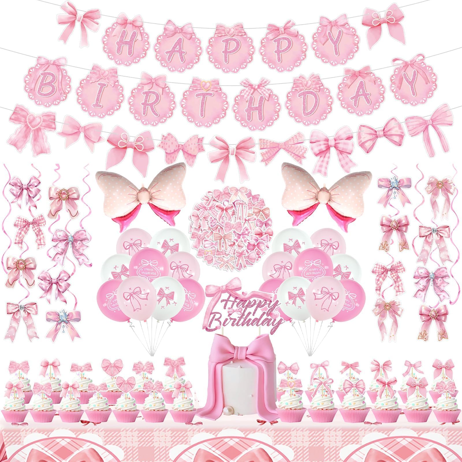 Photo 1 of 109Pcs Pink Bow Birthday Party Decorations, Girl Coquette Birthdays Banner Hanging Swirls and Cupcake Toppers Satin Ribbon Pink Bow Balloon for Girls Birthday Party Decor