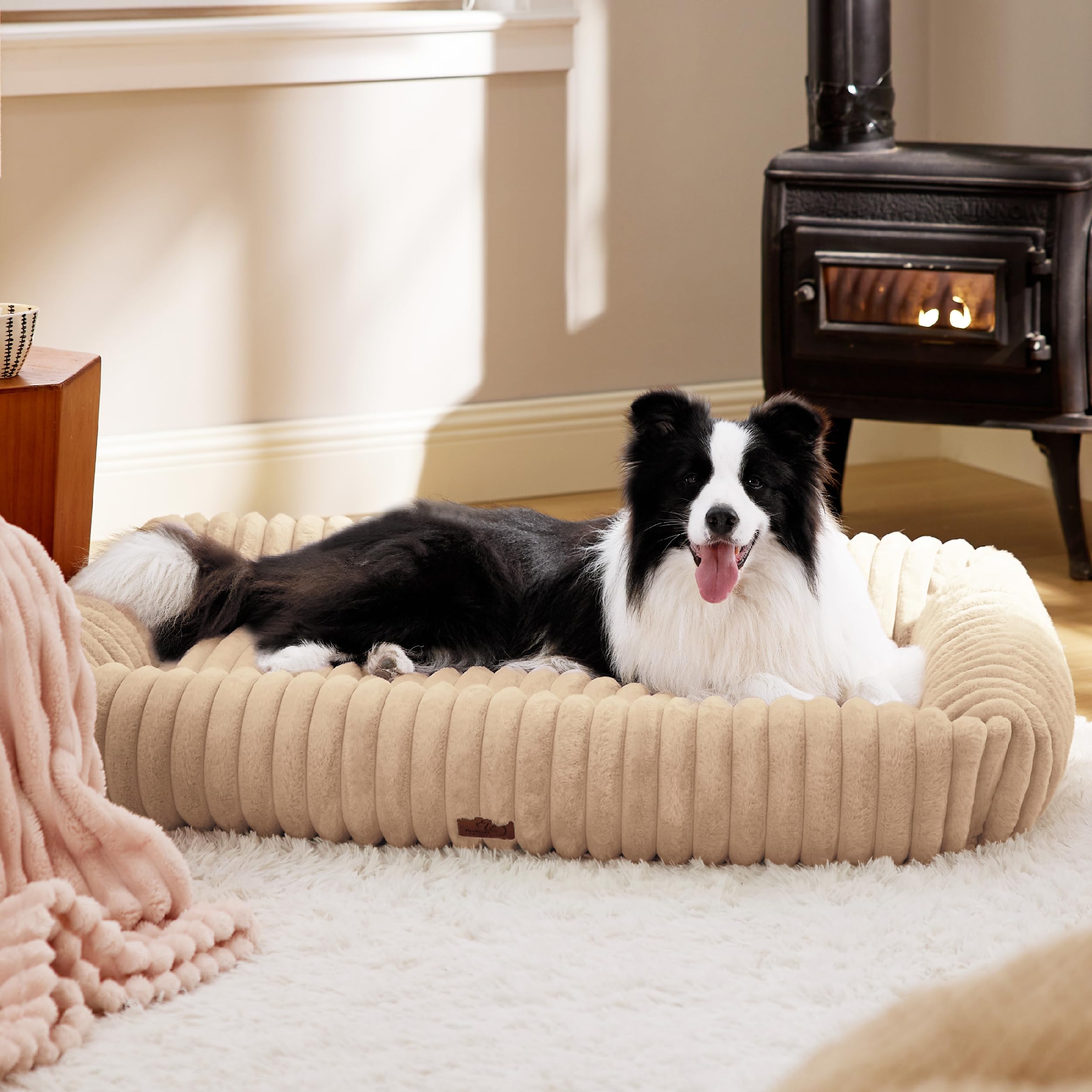 Photo 1 of Bedsure Washable Dog Bed for Medium Dogs - Cute Furry Puppy Beds, Rectangle Orthopedic Corduroy Fleece Pet Beds with Removable Zipper Cover, 43x30x8inches, Sandy Tan