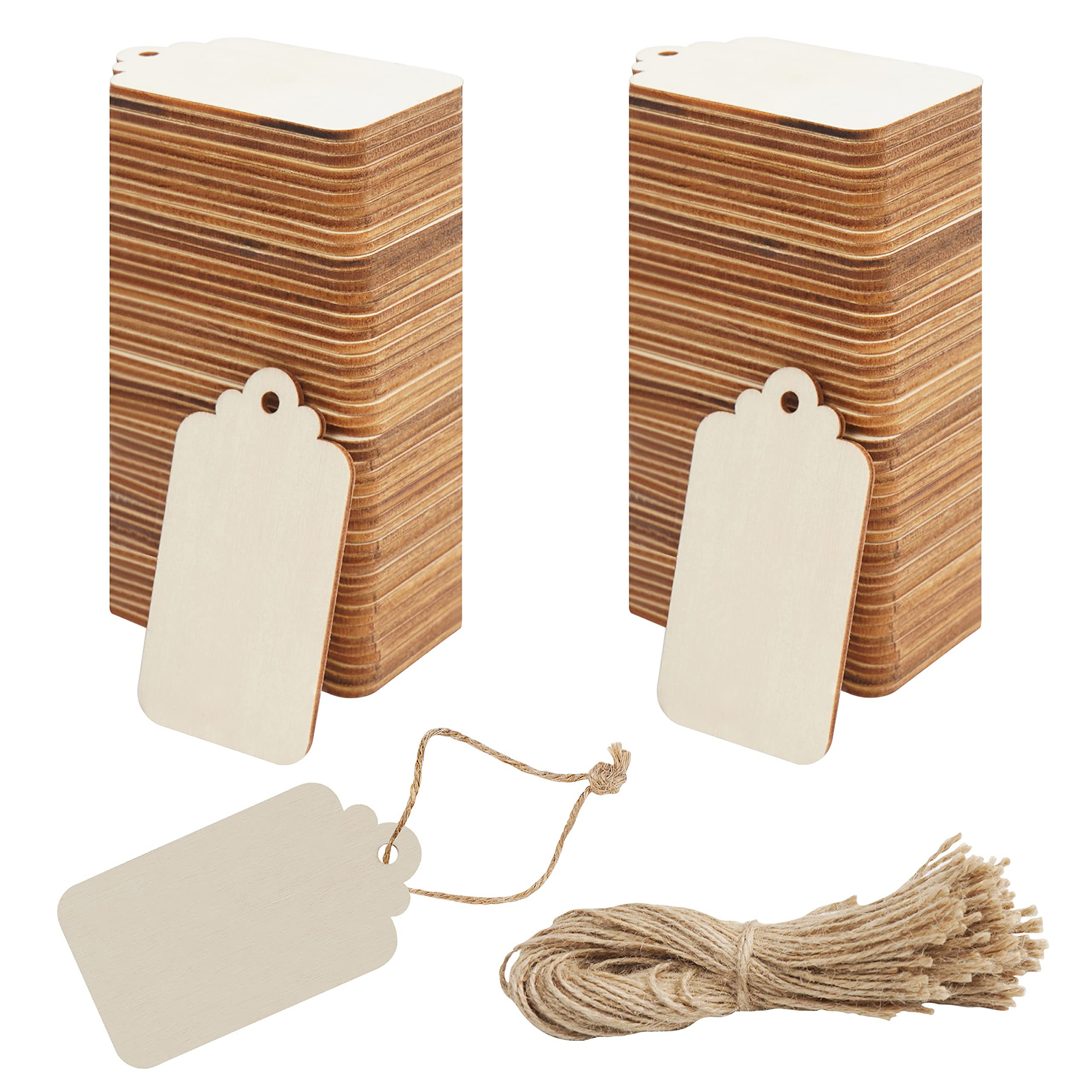 BELLE VOUS 100 Pack Unfinished Wood Blank DIY Craft Tags - 3.7 x 6.8cm/1.46 x 2.68 inches - Rectangle Natural & Rustic Wooden Tags with Twine for Wedding Gift & Christmas Hanging Decorations