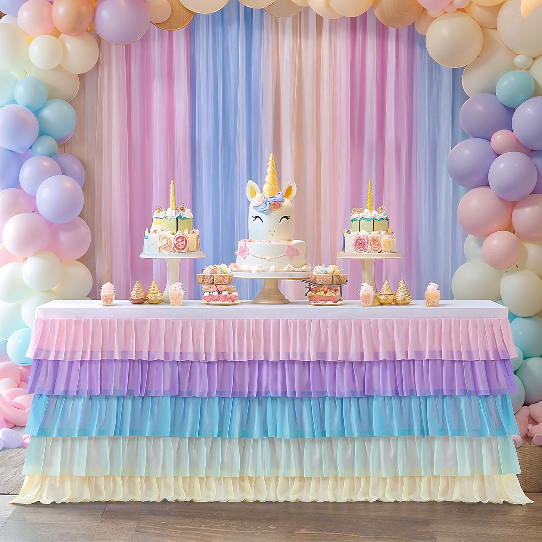 Photo 1 of Pastel Rainbow Table Skirt Ruffle Party Tablecloth for Rectangle Table 6ft Birthday Party Baby Shower