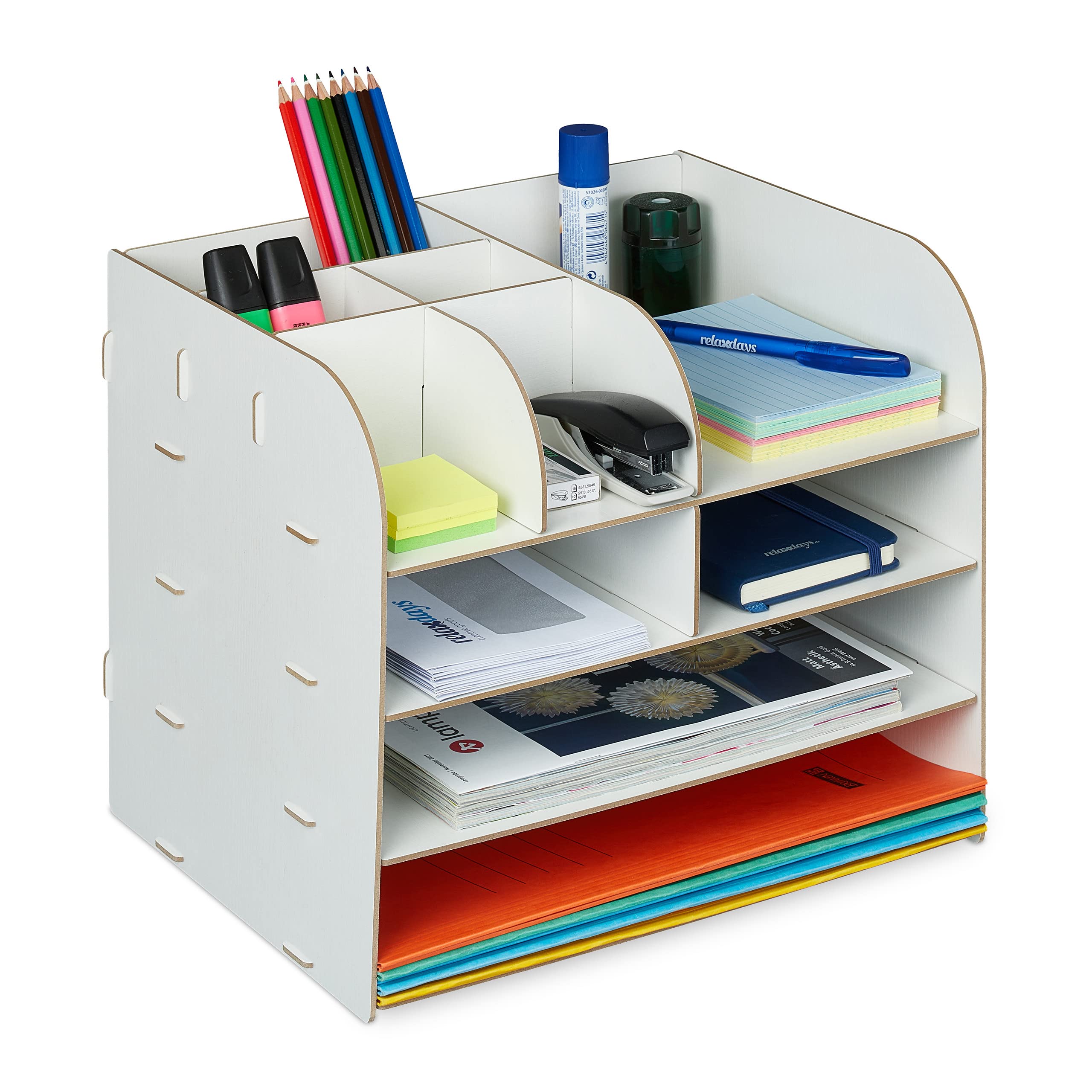 Relaxdays Desk Organiser, Office Supplies and Documents, Different Size Compartments, DIY, MDF, 27.5x32.5x25 cm, White
