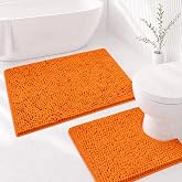 Flotstiga Bathroom Rugs Sets 2 Piece,Super Absorbent Soft,Thick,Machine Washable Chenille Bath Mat,Non Slip Toilet Floor Rug,Bath Mats for Bathroom,20x32 Plus 20x20 U Shape,Orange