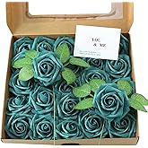 Meldel Artificial Flower 25pcs Real Touch Peacock Green Fake Foam Roses with Stems for DIY Wedding Bouquets Gifts Bridal Shower Faux Floral Centerpieces Arrangements Home Party Tables Decorations