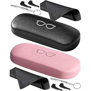 RayLove Glasses Case, 2 Pack Unisex Hard Shell Eyeglass Case PU Leather Hard Eyeglass Case with Eyewear Accessories