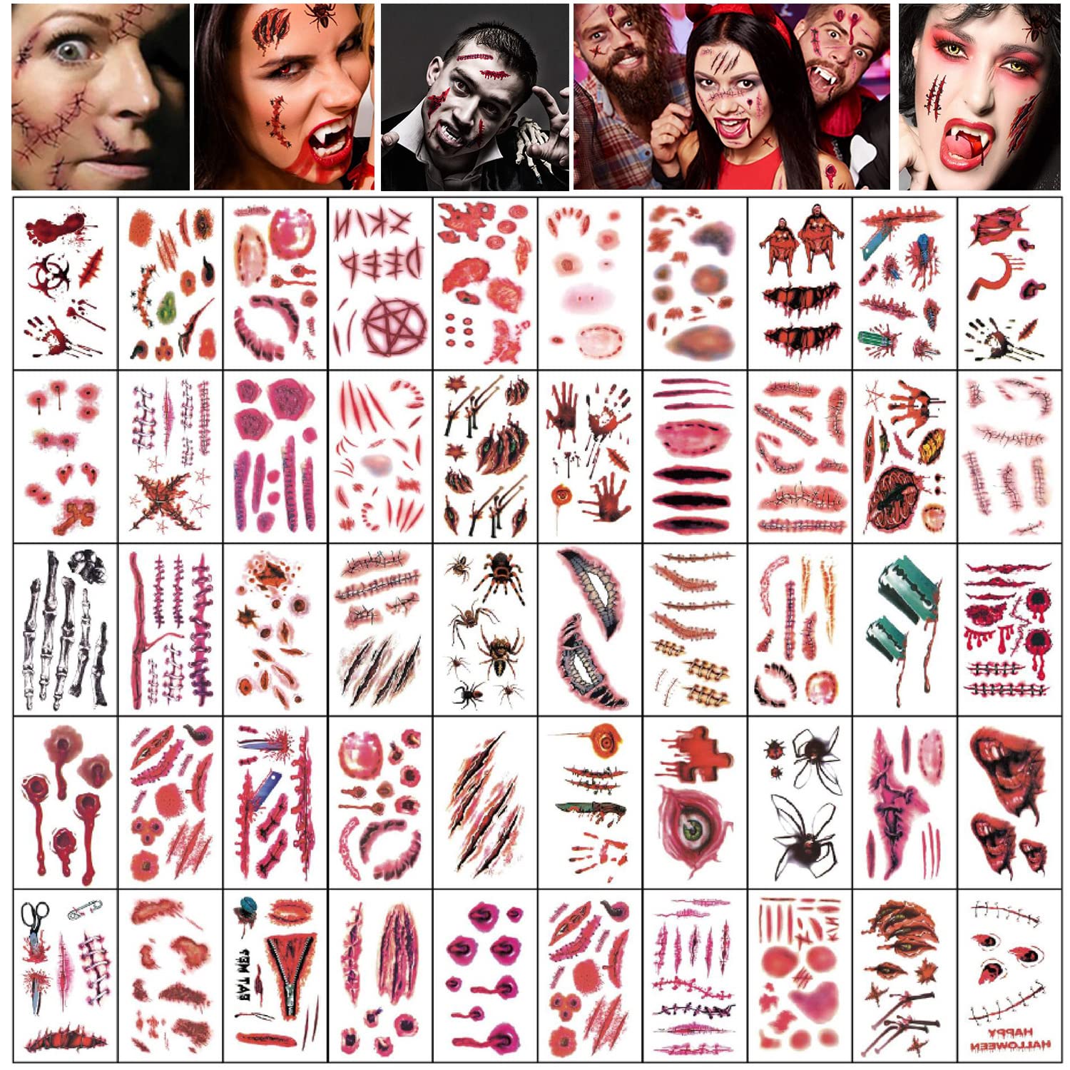 Halloween Scar Temporary Tattoos Stickers, 50 Sheets Bleeding Wound Scar Fake Blood Temporary Tattoos, Fit Halloween Bloody Makeup Vampire Costume Zombie Cosplay Party Decorations