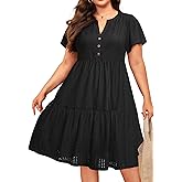 Plus Size Summer Dress - Casual Sundress Beach Short Sleeve V Neck Tiered Button Up Boho Midi Flowy Sun Dresses Women