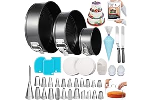RFAQK 150PCs Cake Pan Set for Baking + Cake Decorating Supplies: 3 Round Non Stick Springform Pan Set (4, 7, 9 inches),24 Icing Tips,Cake Leveler–Multi-functional Leak-Proof Cake Pans & eBook