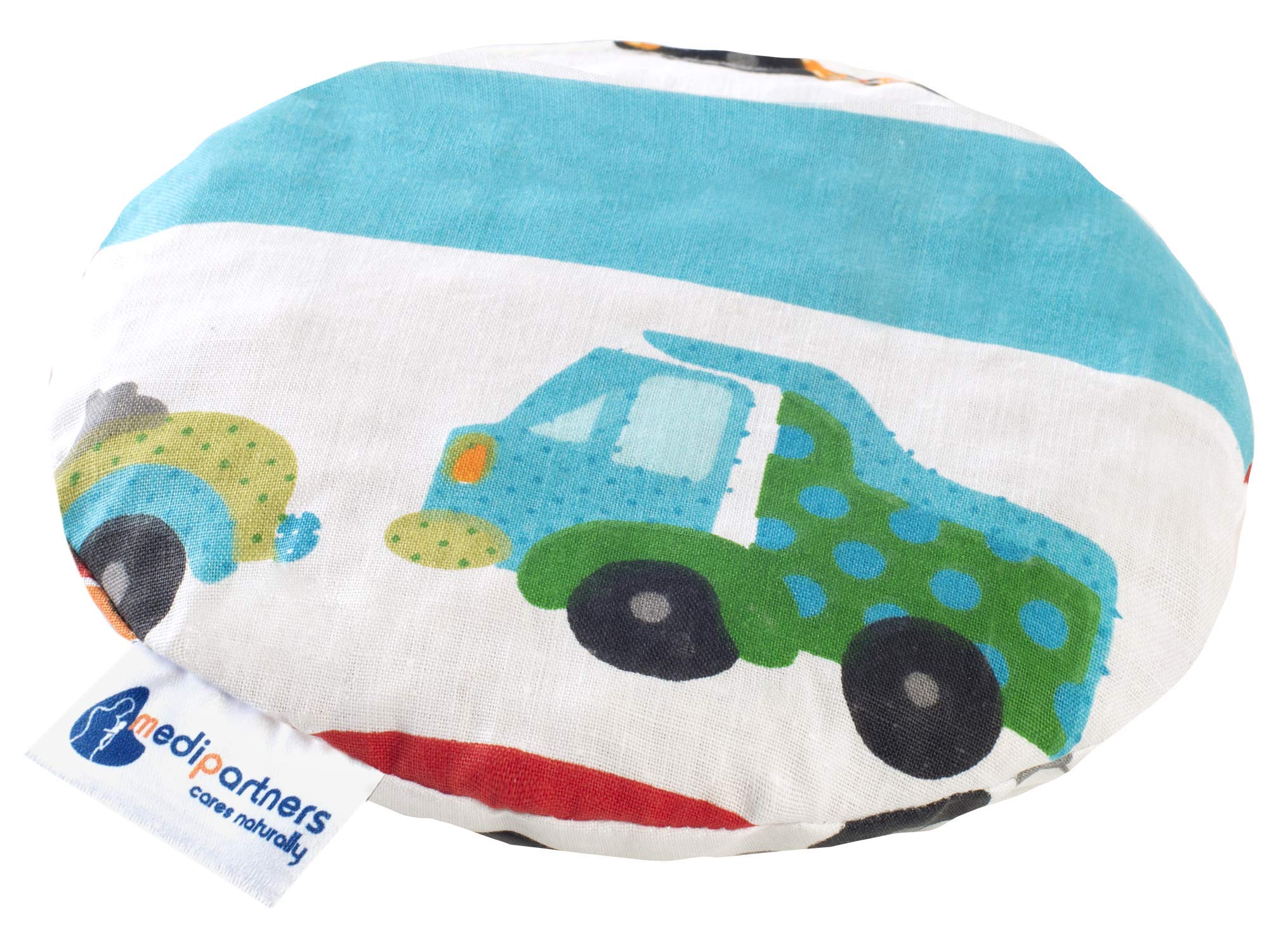 Medi Partners Cherry Stone Cushion Heat Pillow for Babies 180g Round 15cm Eco Natural 100% Cotton Heat and Cold Therapy Massage Therapy (Turquese Cars)