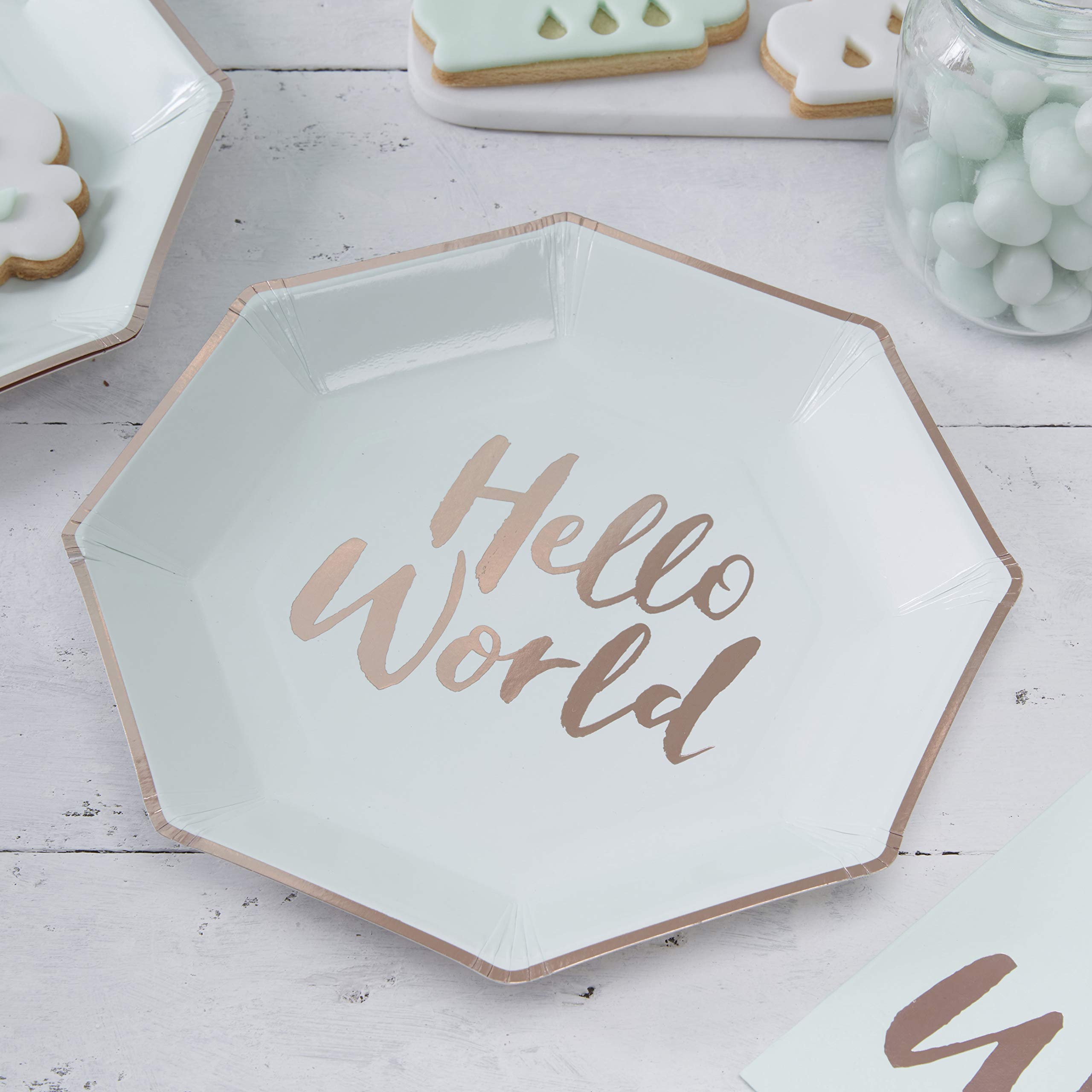 Ginger Ray Hello World Mint & Rose Gold Unisex Baby Shower Paper Plates x 8 - Hello World