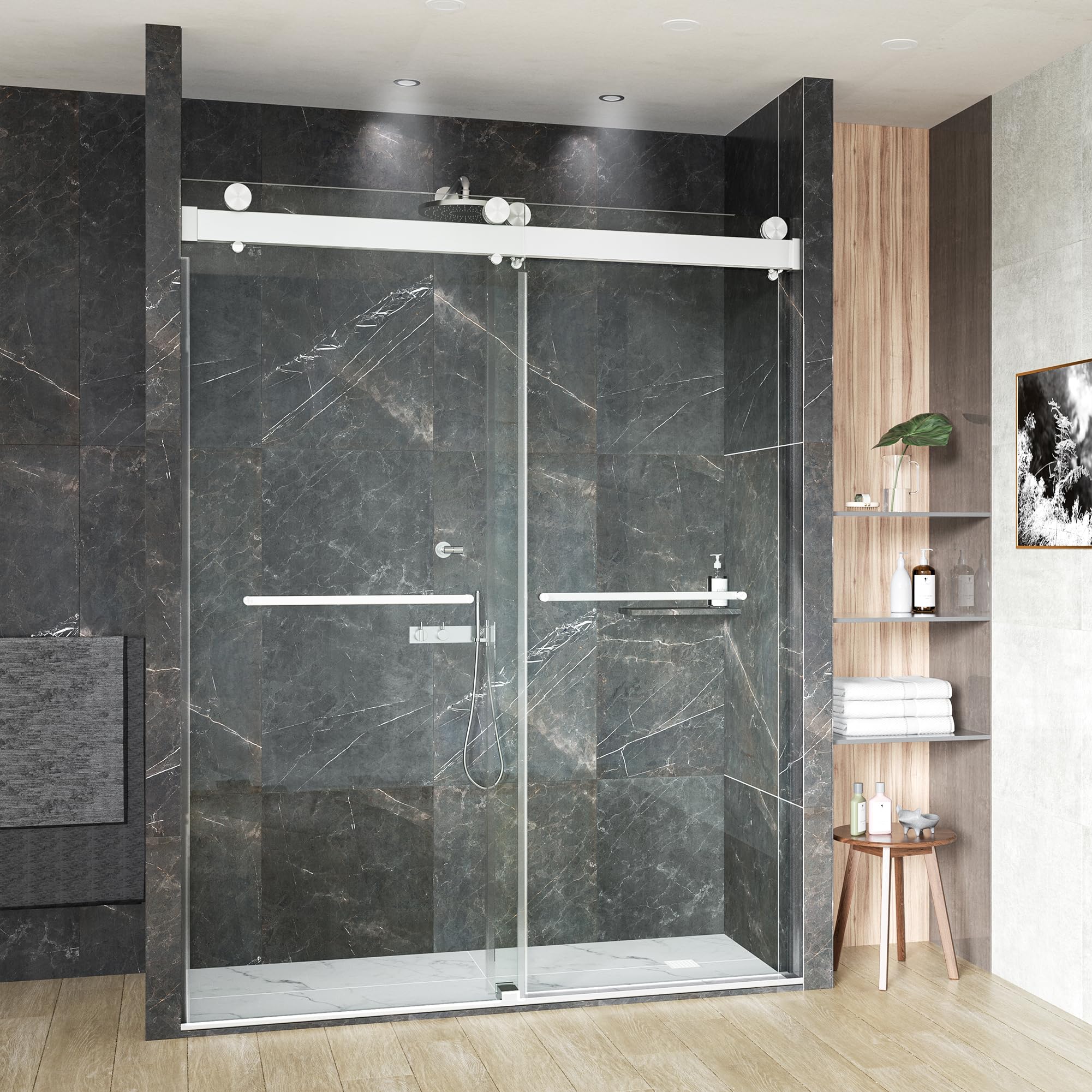 Photo 1 of 68-72" W x 76" H Glass Shower Door,Frameless Shower Door,Double Sliding Shower Door with 3/8" (10mm) Clear SGCC Tempered Glass, Explosion-Proof Film (Brushed Nickel, 72" Wx76 H-Double Sliding)