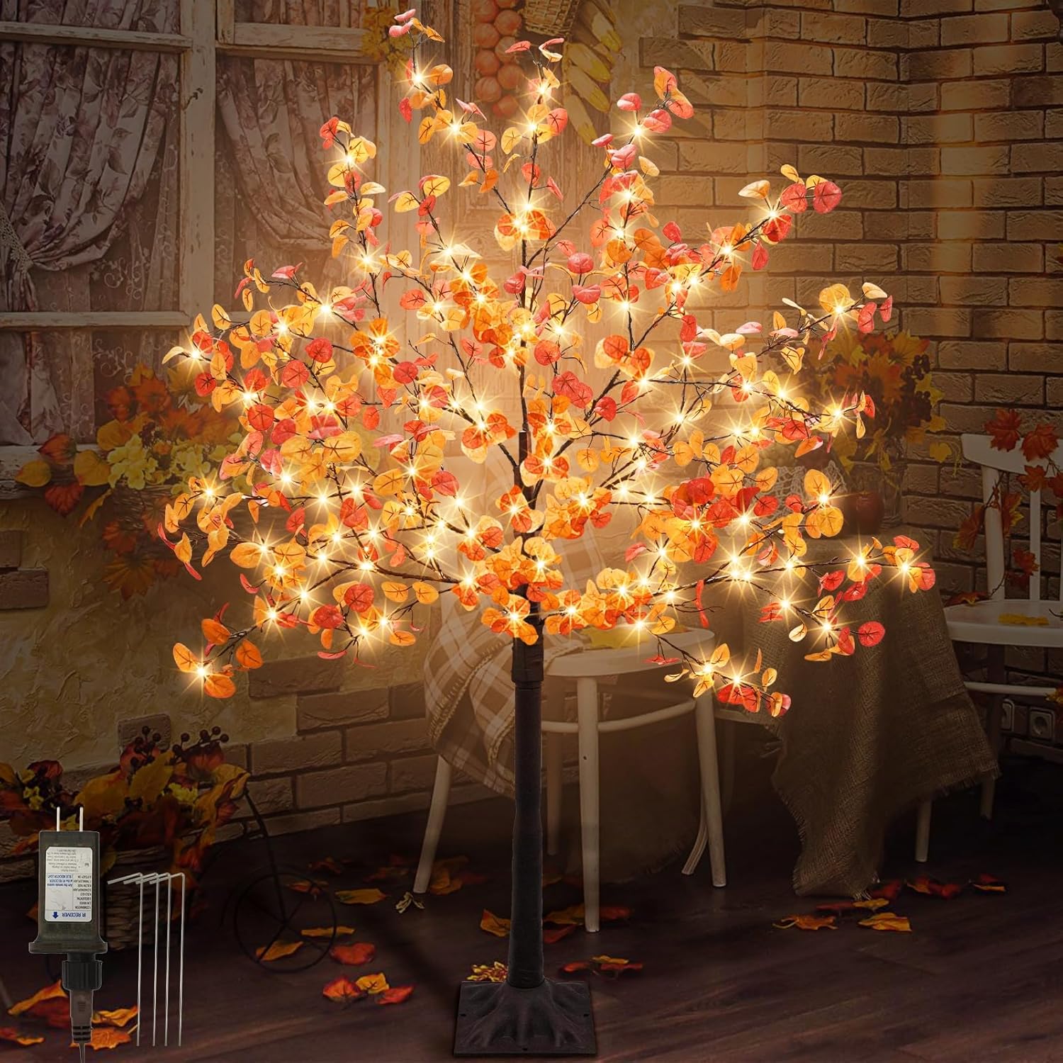 Trees - Agusbagli 4FT 140LED Lighted Fall Eucalyptus Tree Thanksgiving Fall Decorations with Timer & 8 Modes Artificial Fall Trees with Lights & 336 Leaves Fall Light Up Tree Harvest Indoor Outdoor Fall Decor