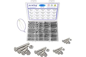 newlng M3 M4 M5 M6 Bolts and Nuts Assortment Kit 320 PCS Metric 304 Stainless Steel Hex Head Cap Screws Bolts and Nuts Assortment Set Fasteners Bolts Kit with Combination Box for Home Fixation Repairs