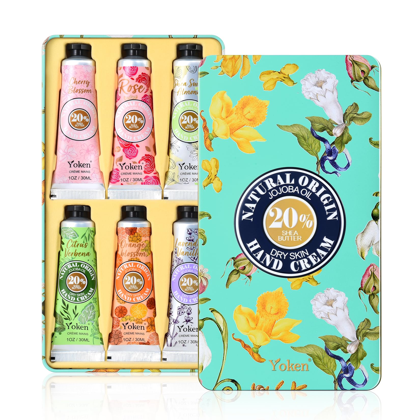 Yoken 20% Shea Butter Hand Cream Gift Set, Instant Moisturizing Hand Cream for Women Dry Hands with Delicate Tin, Floral-Scented Hand Lotion 6 x 1 OZ